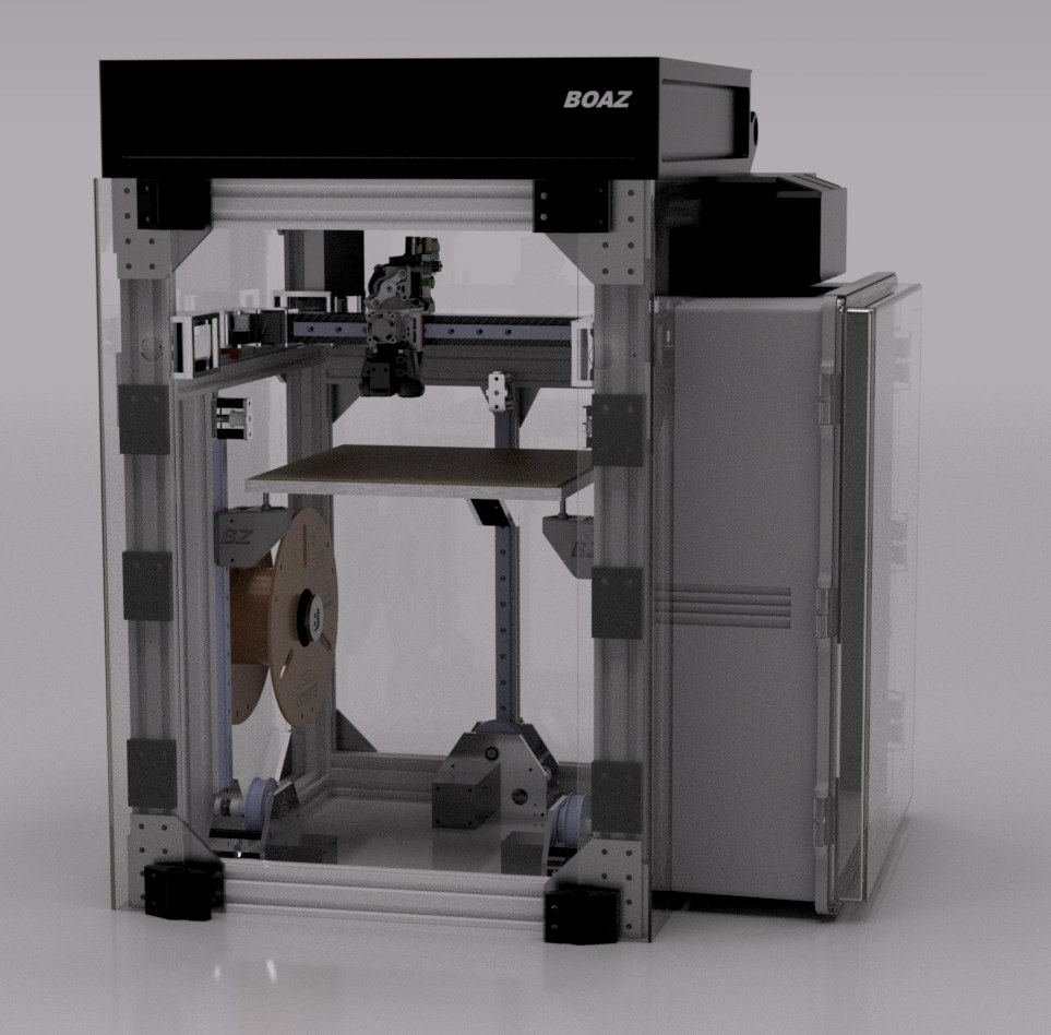 CAD render of the Boaz CoreXY 3D printer: an aluminum extrusion frame with gusset plates, a belted Z axis and an enclosure.