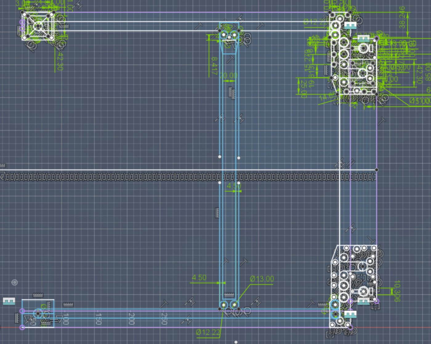 A dimensioned 2D CAD sketch of the CoreXY belt path